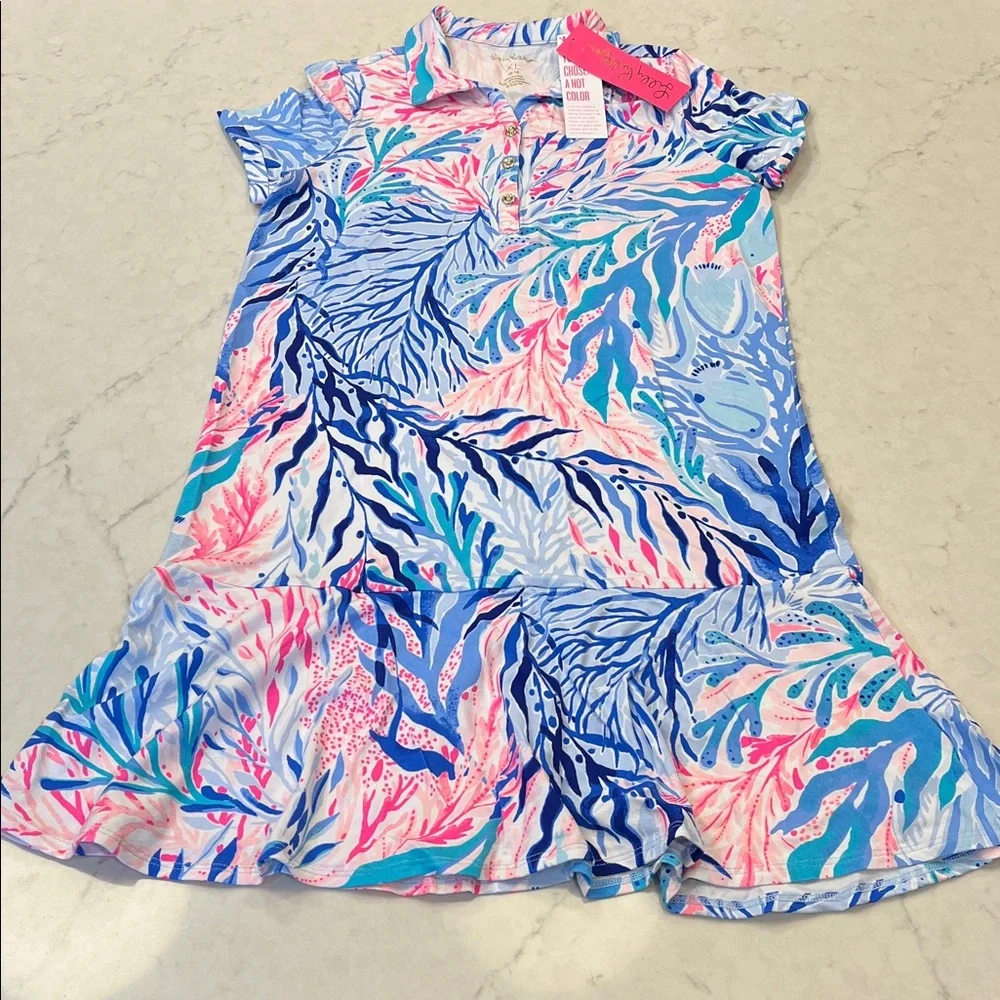 Lilly Pulitzer NWT‎ Mini Sadie Polo Dress Girl's XL Crew Blue Kaleidoscope Coral